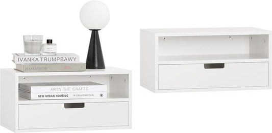 SoBuy Set van 2 zwevende Nachtkastjes - hangend Bijzettafel - Bovenkast - Wandplank met 1 lade - Wit, 45x25x22 cm, NKD03-Wx2