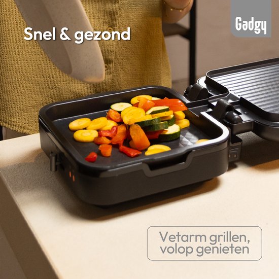 Gadgy Contactgrill 180° Draaibaar – 3-in-1 - Tafelgrill & Paninimaker – 1400W – Met Uitneembare Antiaanbakplaat en Openklapbaar – Temperatuurregelaar – Vetarm Grillen - Cooltouch