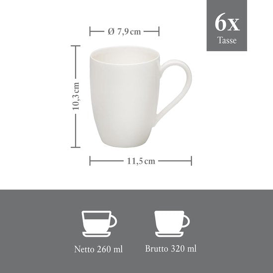 Villeroy & Boch - Vivo Basic - 6 Stuks - Basic White - 320 ml - Koffiemokken - Met Oor
