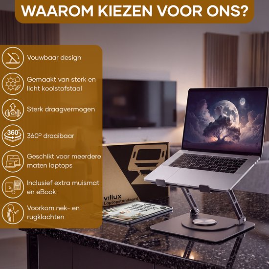 Villux Laptop Standaard Ergonomisch - Laptop Standaard Verstelbaar - Laptophouder - Laptopstandaard - Laptop Verhoger - Laptop Standaard Opvouwbaar - Inclusief Ebook - Inclusief Muismat
