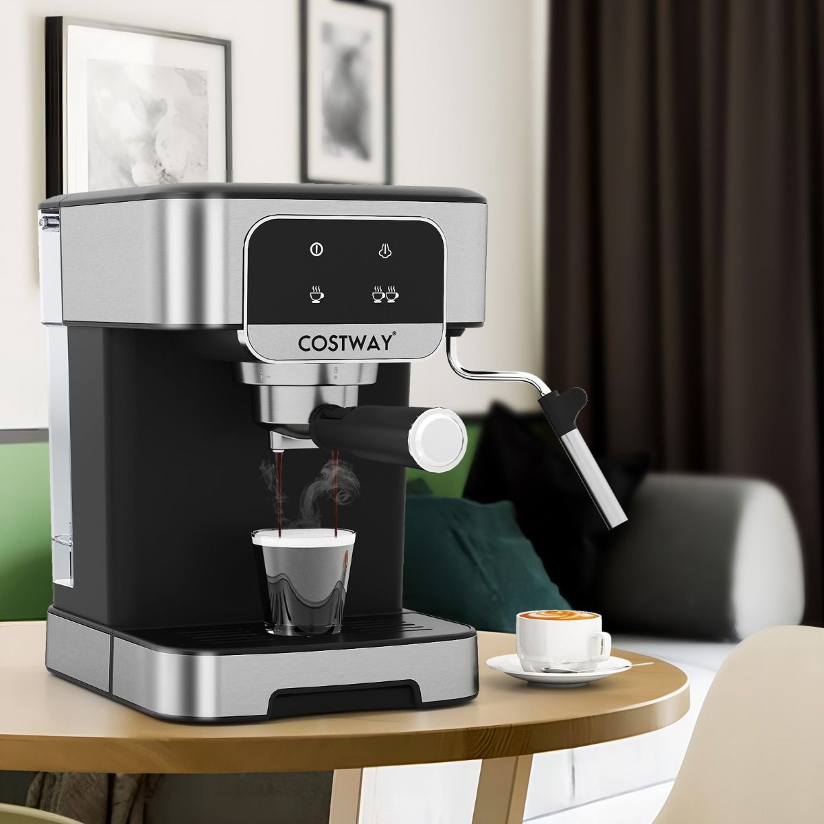 Coast Espressomachine 20 Bar 1200W - Stoom-melkopschuimer - 1,8L Waterreservoir - Touchscreen - Zwart/Zilver - 26x21x28cm