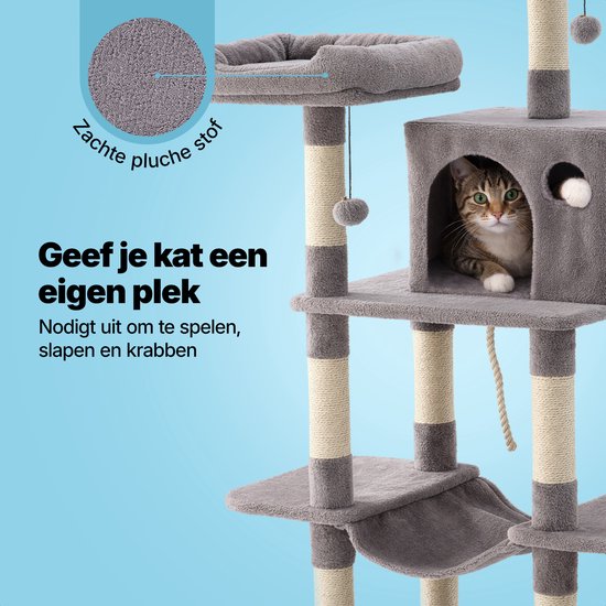 Jake en Jacky Krabpaal voor Katten - Kattenkrabpaal - Krabmeubel - Kattenboom - Krabpalen - Kattenhuis - Lichtgrijs - 147 cm Hoog