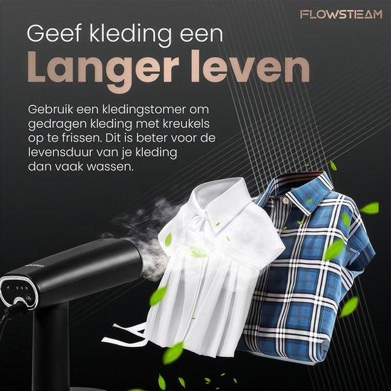 FLOWSTEAM® Luxe Kledingstomer - Handstomer - Stoomreiniger - Stoomapparaat Kleding - Matte Black Edition - Inclusief Opbergzakje
