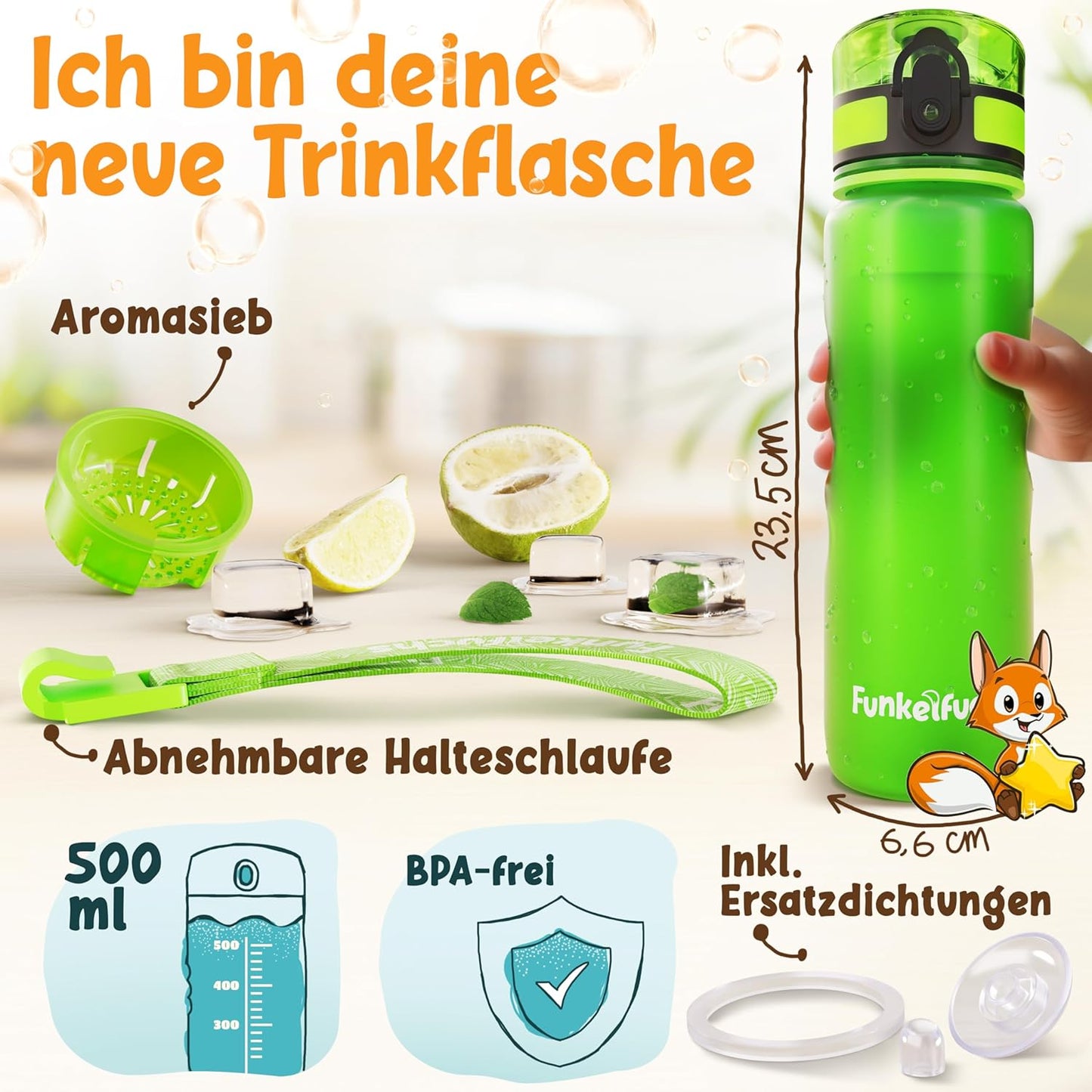 Funkelfuchs® - Drinkfles voor kinderen - 500ml, groen - koolzuurhoudend - 100% lekvrij - waterfles vaatwasmachinebestendig - voor kleuterschool, school, sport