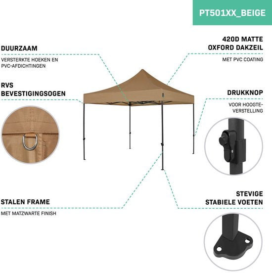 VONROC Partytent - Paviljoen - Easy Up - Opvouwbaar - Waterdicht - Met Draagtas - 300 x 300 cm – Beige