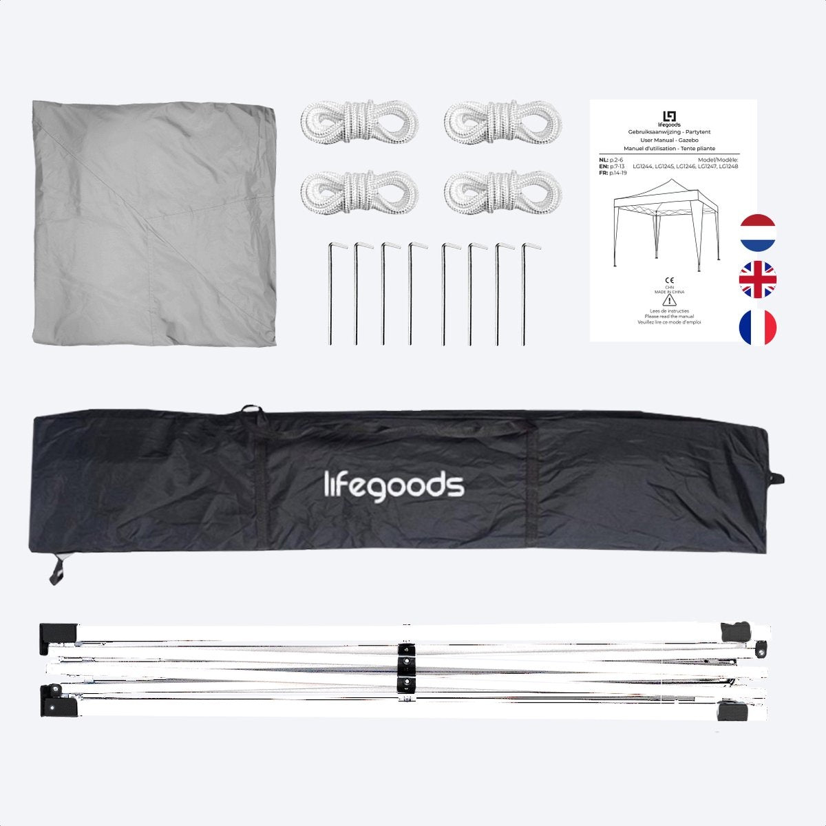 LifeGoods Partytent - Paviljoen - EasyUp - Opvouwbaar - Waterdicht - Met Draagtas - 300 x 300 cm - Grijs