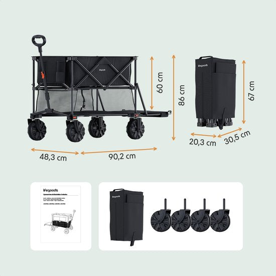 LifeGoods Dubbele Bolderkar - Opvouwbare Bolderwagen - 200KG - 400L - Uitklapbaar - Met Beschermhoes - Zwart