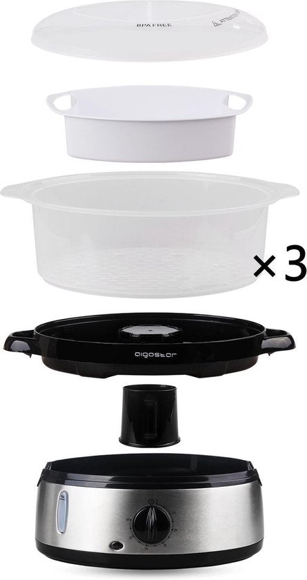 Aigostar Fitfoodie 30INA - Stoomkoker 9L - met Timer - 800W - 3 Lagen - RVS