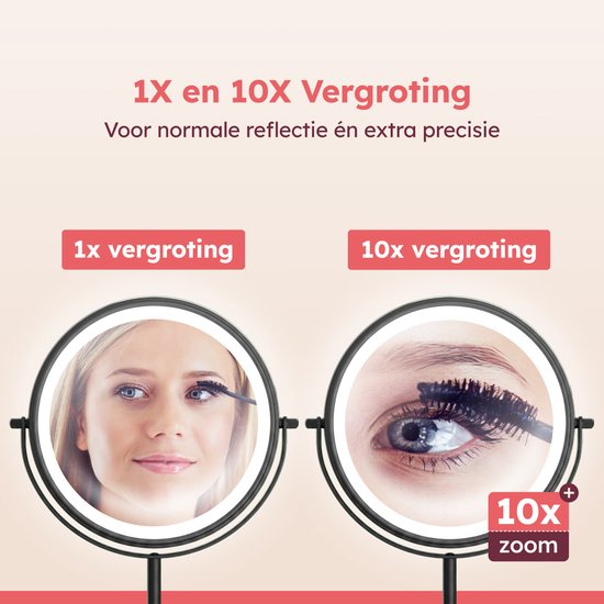 Fraay® XXL Make Up Spiegel met LED Verlichting - 10x Vergroting - Vergrootspiegel met Licht - Oplaadbaar - Scheerspiegel - Badkamerspiegel - Zwart