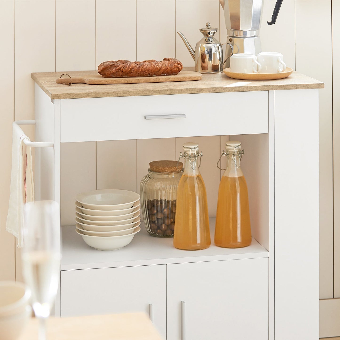 SoBuy Keukenwagen met 1 lade, 2 deuren & 3 opbergplanken - Max. 75KG - 75 x 46 x 83 cm - Wit