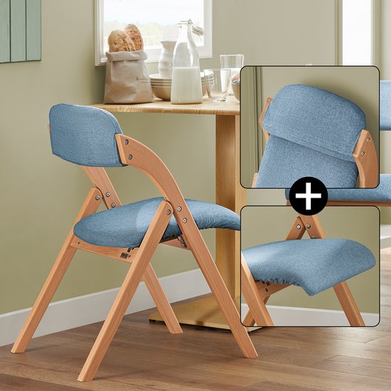 SoBuy Houten Klapstoel met Gestoffeerd Zitkussen, Bureaustoel, Eetkamerstoel, Natuur/Blauw, 47.5x77x59 cm, FST92-BL - voor eetkamer, balkon of kantoor