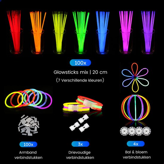 Partizzle 100 stuks Glow in the Dark Sticks met Connectors - Oud en Nieuw 2025 Glowsticks - Neon / Carnaval Party Artikelen Breekstaafjes - Verjaardag Nieuwjaar Versiering - 7 Kleuren