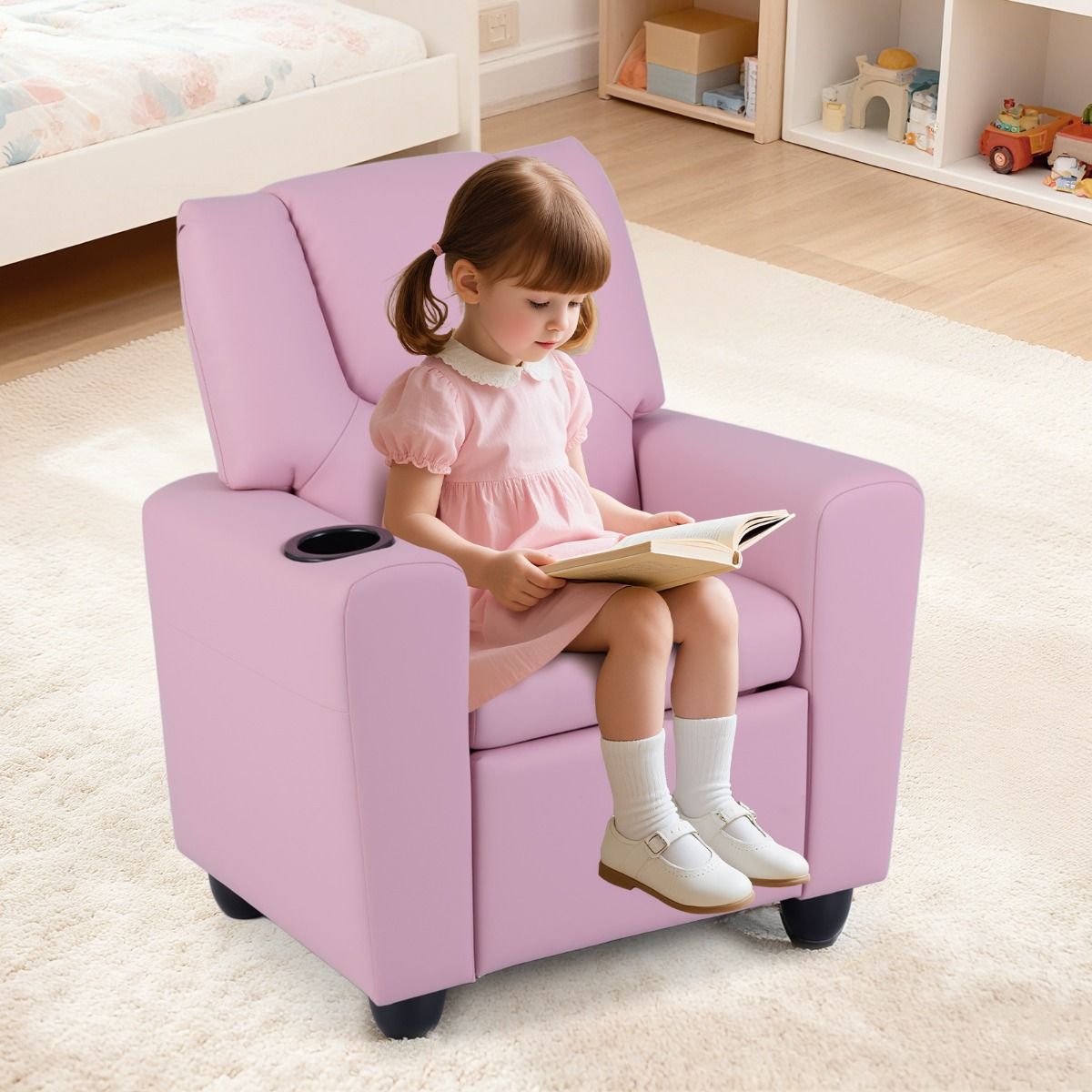 Coast Kinderfauteuil met relaxfunctie - verstelbare rugleuning en voetsteun - bekerhouder - roze