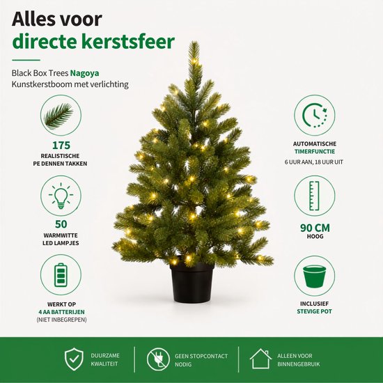 Black Box Trees Nagoya Kunstkerstboom met Verlichting - Kunstboom H90 x D42 cm - Kunst Kerstboom in Kunststof Pot - Kerstdecoratie voor Binnen - met Batterij en Timer - 175 Tips - Groen
