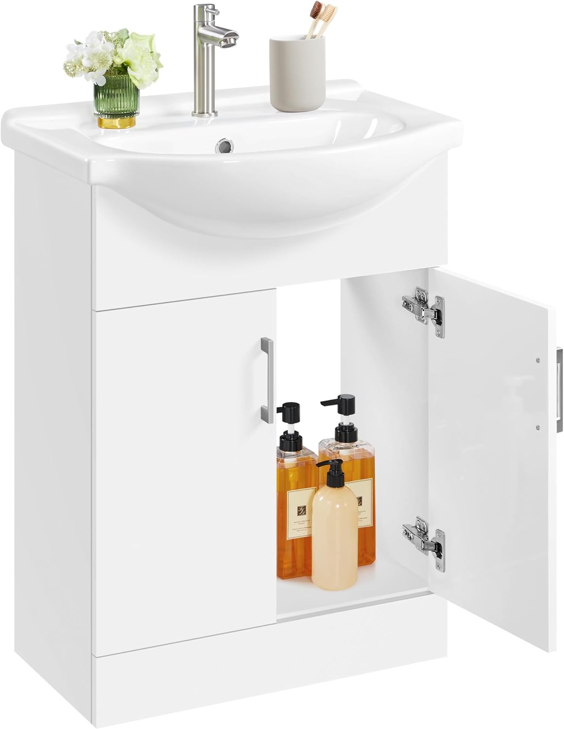 Yaheetech Badkamermeubel met Wastafel - Wit Hoogglans - 61 x 43,5 x 84 cm - Vrijstaand, Keramische Wasbak