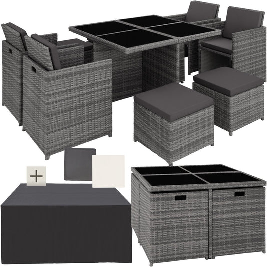 Tectake Wicker Loungeset Manhattan - 4 Stoelen 4 Krukken Tafel - Grijs