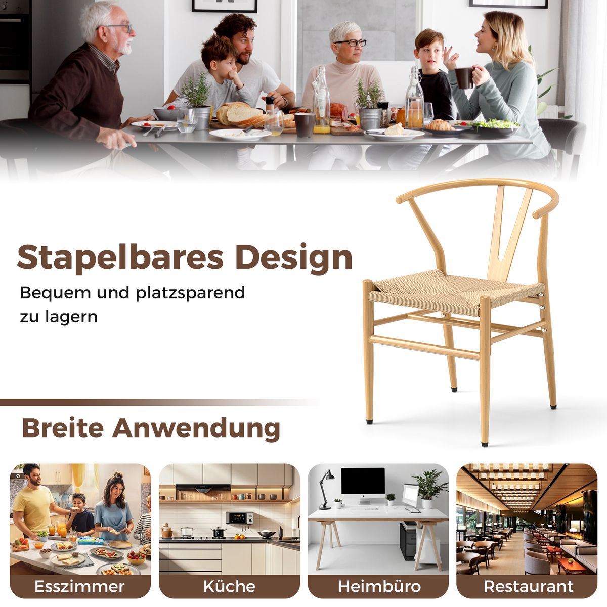Coast Eetkamerstoelen Set van 2 - Y-vormige rugleuning - Gevlochten rattan zitting - Naturel