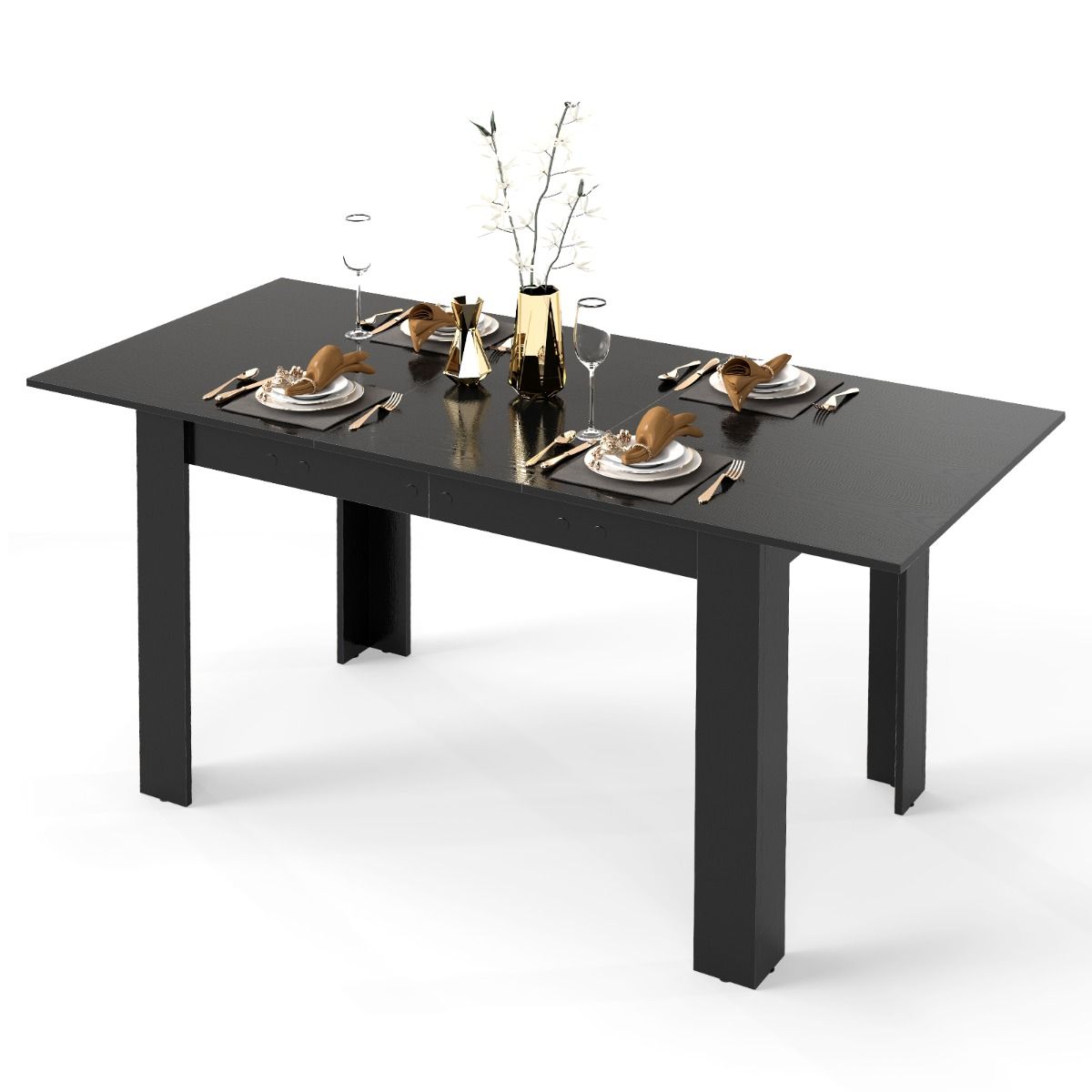 Coast Uitschuifbare Eettafel - Verstelbaar tafelblad - L-vormige poten - Zwart - 158 x 70 x 76 cm