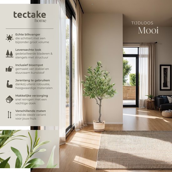 tectake® Kunstmatige Olijfboom Oleand – Mediterrane Kunstplant met Realistische Bladeren en Olijven – Onderhoudsvriendelijk en Veelzijdig – Inclusief Stevige Bloempot – Hoogte: 120 cm