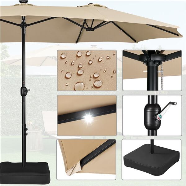 Yaheetech Dubbele Terrasparasol 15 ft - 36 Solar LED - Inclusief Basis/Zandzakken