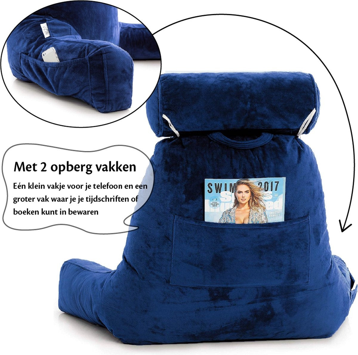 EL-Life Leeskussen met Nekrol - Relax Kussen - Onderrug Ondersteuning - Zitkussen - Fluweel Marineblauw