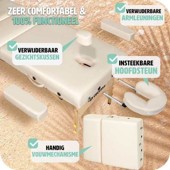tectake® - Massagetafel met matras van 10 cm hoog + draagtas behandeltafel massage tafel - beige - behandelbank – incl. opbergtas – opvouwbaar