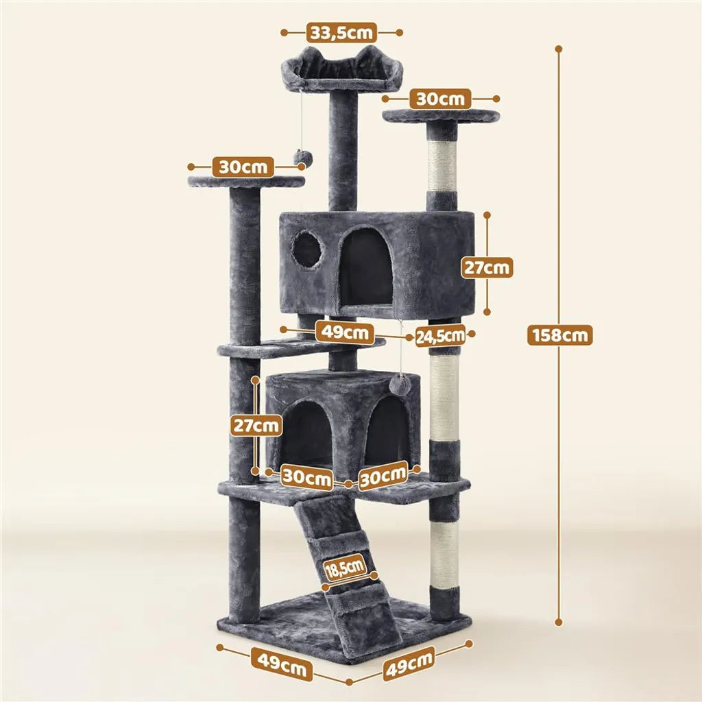 Yaheetech Krabpaal Donkergrijs – 158 cm Hoog – Met 3 Uitkijkplatforms en 2 Kattenhuisjes