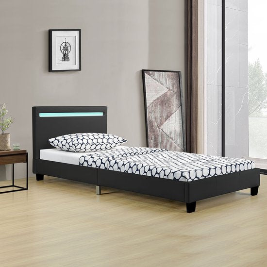 Gestoffeerd Bed Verona - 90 x 200 cm - Zwart - LED Verlichting