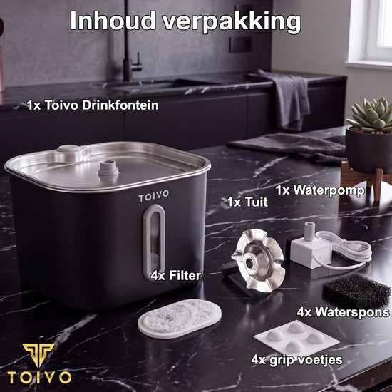 Toivo Drinkfontein Kat - 2.2 L - RVS - Waterfontein met Venster Incl. 4 filters - Waterdispenser - Fluisterstil - Kattenfontein - Drinkbak - Waterbak - Zwart