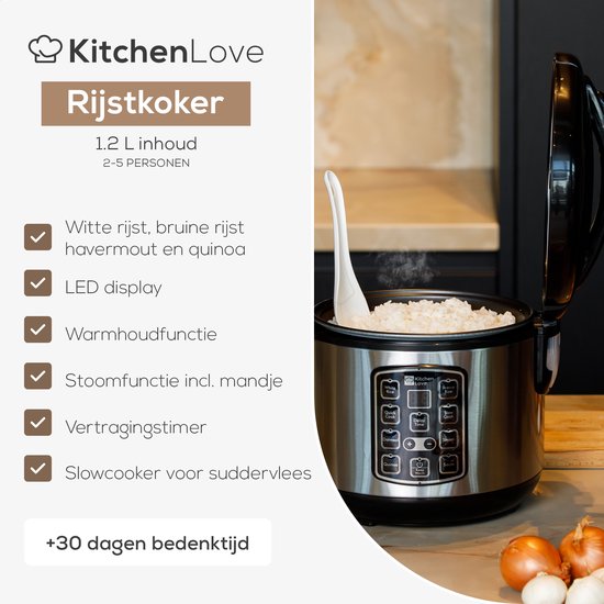 KitchenLove Rijstkoker met Stomer - 1.2L - Multicooker - Rice Cooker - Slowcooker - 2 tot 5 Personen - Zwart RVS