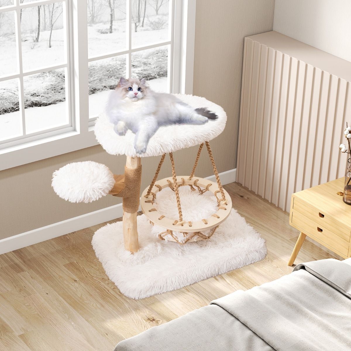 Coast Krabpaal voor Katten - Massief hout met hangwieg en sisal - Natuur en wit - 64 x 44 x 66 cm