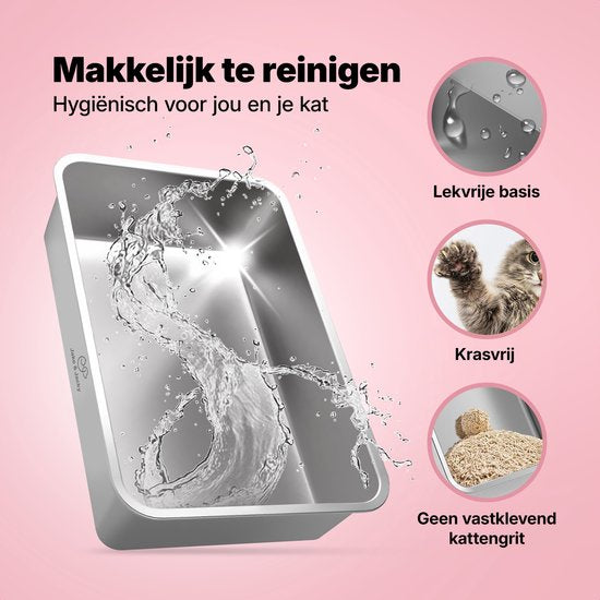 Jake en Jacky RVS Kattenbak - Kattentoilet Roestvrijstaal - Incl. Kattenbakschep met Houder en Gritopvang Opstapje - 2 in 1 Open Kattenbak met Afneembare Deksel - 60x40x38cm - Zwart