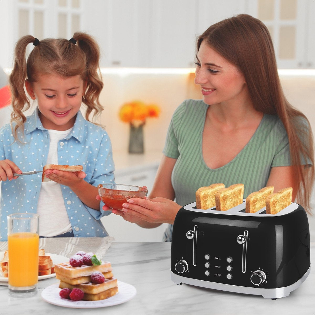KitchenBrothers Retro Broodrooster - Toaster - 6 Warmteniveaus - 4 Extra Brede Sleuven - 1630W - Zwart