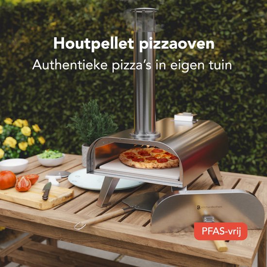 KitchenBrothers Pizza Oven - Houtgestookt - Tafelmodel - Met Beschermhoes - PFAS-vrij - Inklapbaar - Pizzasteen - tot 460°C Pizza maker - Complete Set - Pizzaoven voor Buiten - RVS