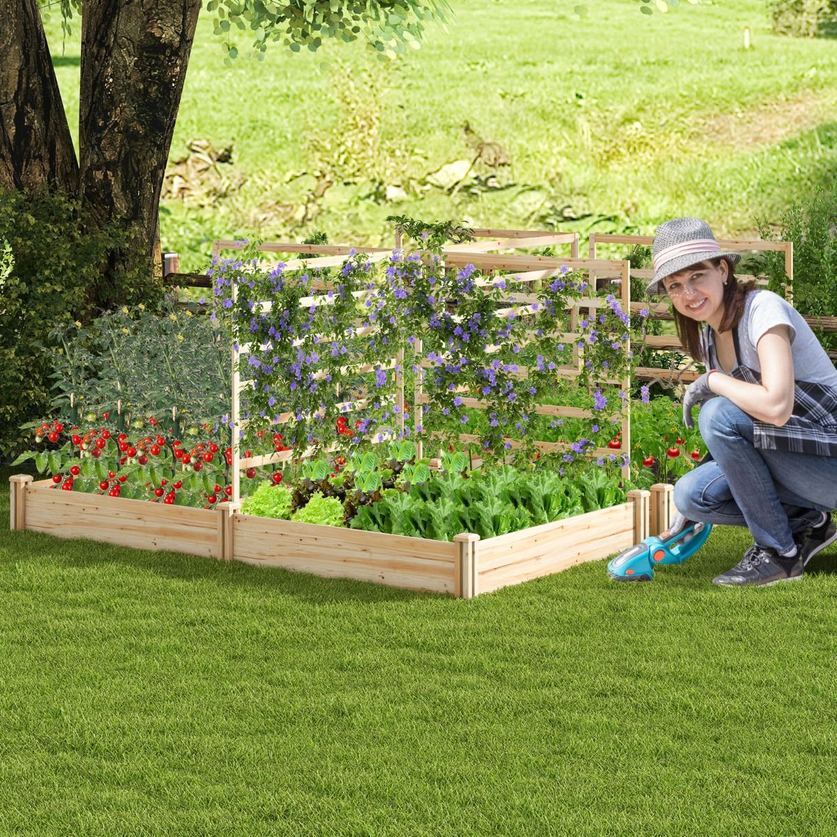 Coast Houten Plantenbak met 3 Klimrekken - Verhoogd Tuinbed - Open Bodem - Natuurlijk Dennenhout - 222 x 114 x 110 cm