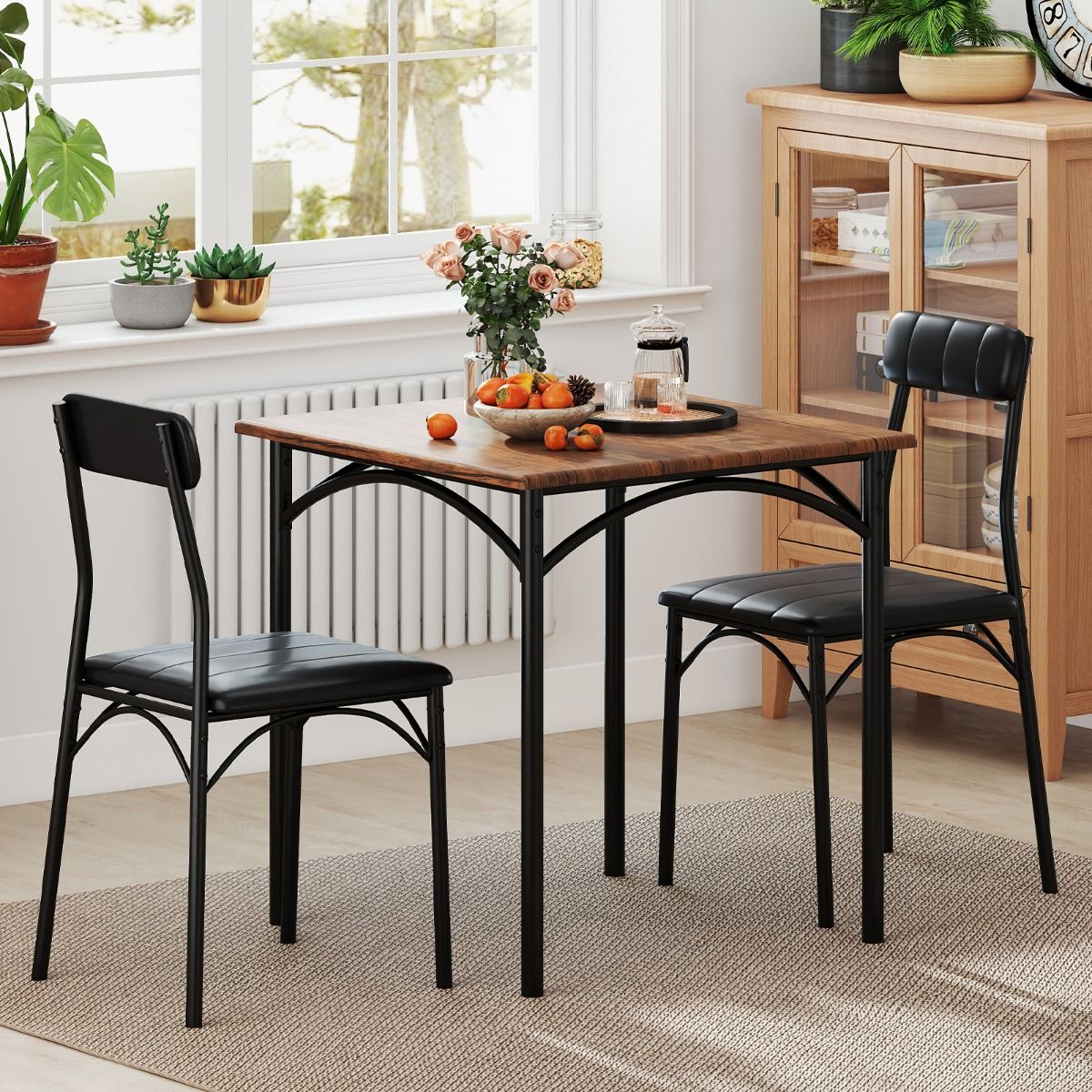 Coast Eethoekset - vierkante tafel met 2 stoelen - kunstleer bekleding - zwart en rustiek bruin