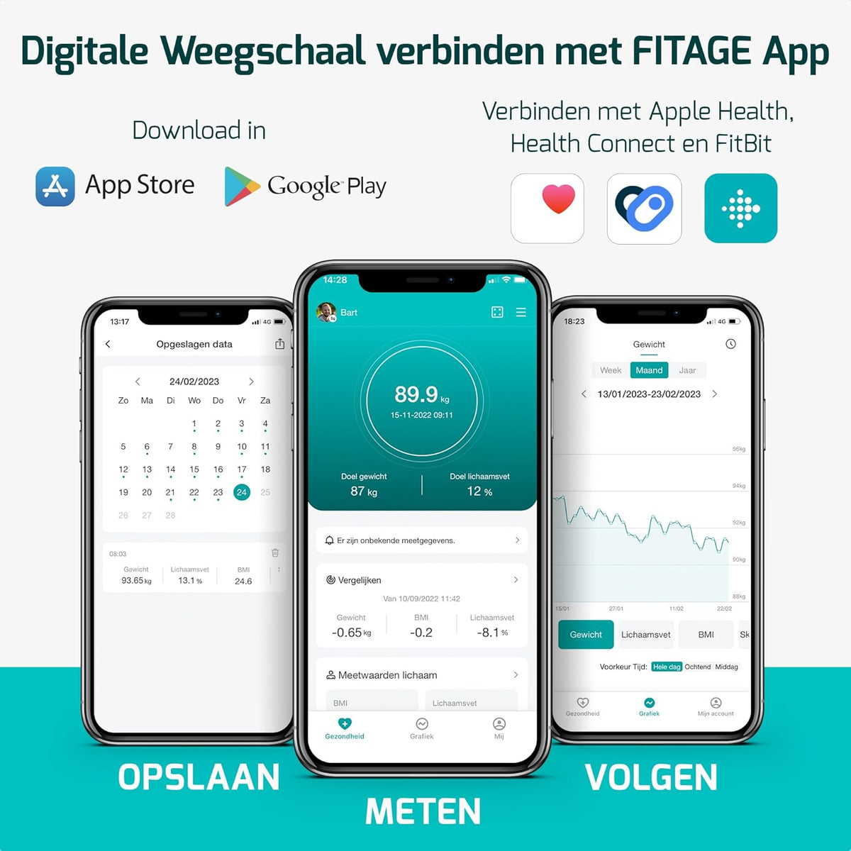 Fitage Digitale Personenweegschaal Slimme Lichaamsanalyse – 17 Metingen – App Koppeling – 180 kg – 28 x 28 cm – Zwart