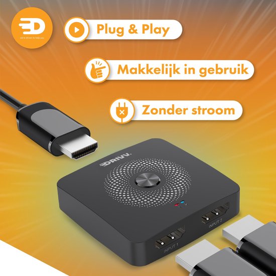 Drivv. HDMI Switch - 2-in-1 uit / 1-in-2 uit – Bi-directioneel – Ondersteunt 720p/1080p/4K/3D - Zwart
