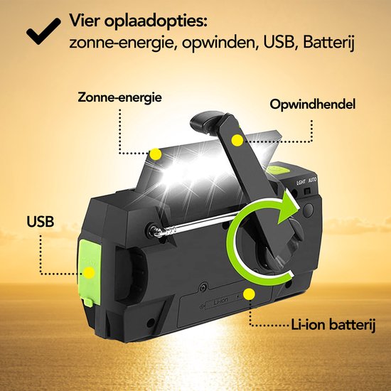 Brixy Noodradio - Radio Met Accu Batterij Voor Noodsituaties - 4000 MAH - Opwindbaar - Solar - Zaklamp - Powerbank - Groen