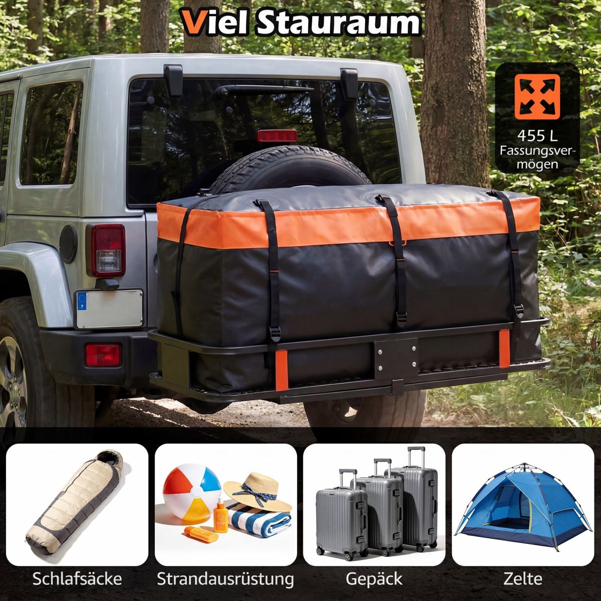 Coast Bagagebox voor trekhaak - 455 liter - waterdicht - met riemen en opbergtas - oranje/zwart