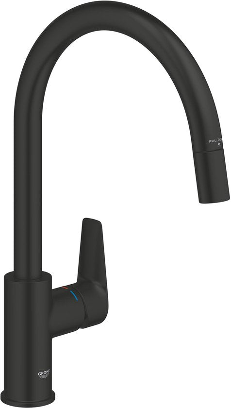 GROHE Start Edge eengreeps keukenmengkraan met uittrekbare uitloop - Hoge C-uitloop - 360° Draaibereik - Mat Zwart - Eenvoudig te monteren met de QuickMount
