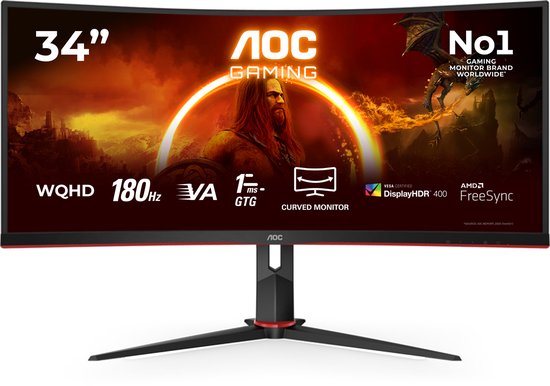 AOC CU34G2XP - Gebogen Ultrawide Gaming Monitor - HDR400 - USB-hub - 180hz - 34 inch