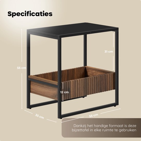 O'DADDY® Bijzettafel - Vierkant Tafeltje - Met Verstelbare Lade - Bijzet Tafel - Koffietafel - Nachtkastje - 55x35x55 cm - Zwart Metaal/Bruin Hout