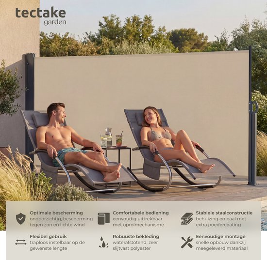 tectake® Uitschuifbaar Windscherm met Oprolmechanisme - 300 x 160 cm - Zijluifel met Aluminium Frame- Zonnescherm - Tuinscherm - Beige Balkonscherm - Ondoorzichtbaar Privacyscherm - Markiesdoek