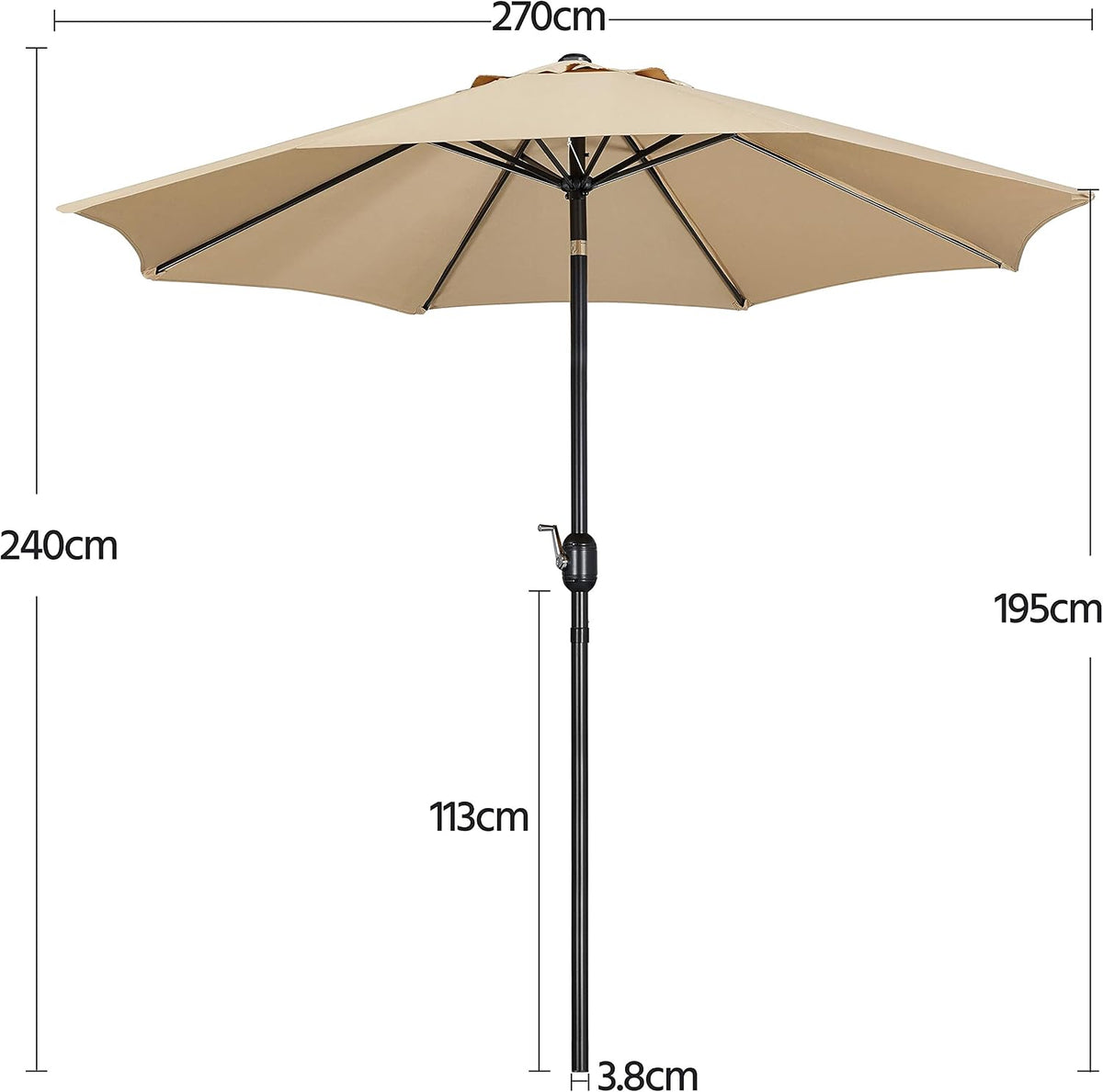 Yaheetech Parasol 270 cm - Knikbaar en Kantelbaar - Met Draaistang - Polyester