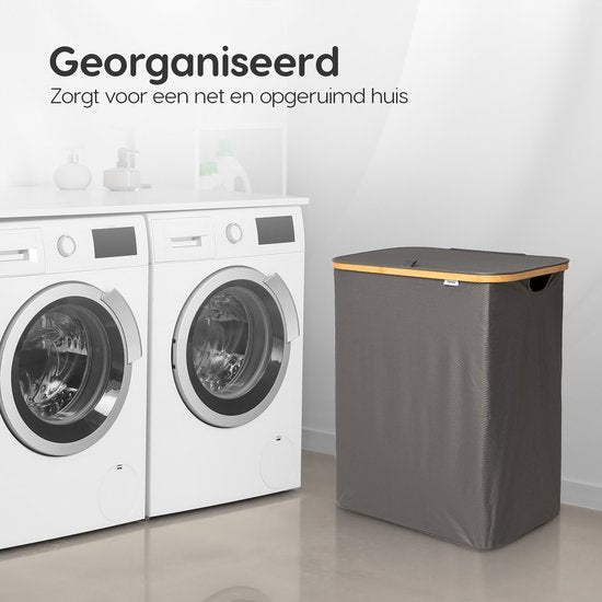 Dymac Wasmand 145 Liter | 3 Compartimenten | Bamboe Wassorteerder | Met 3 uitneembare waszakken | Wasmand 3 vakken | Wasmand met deksel | Grijs
