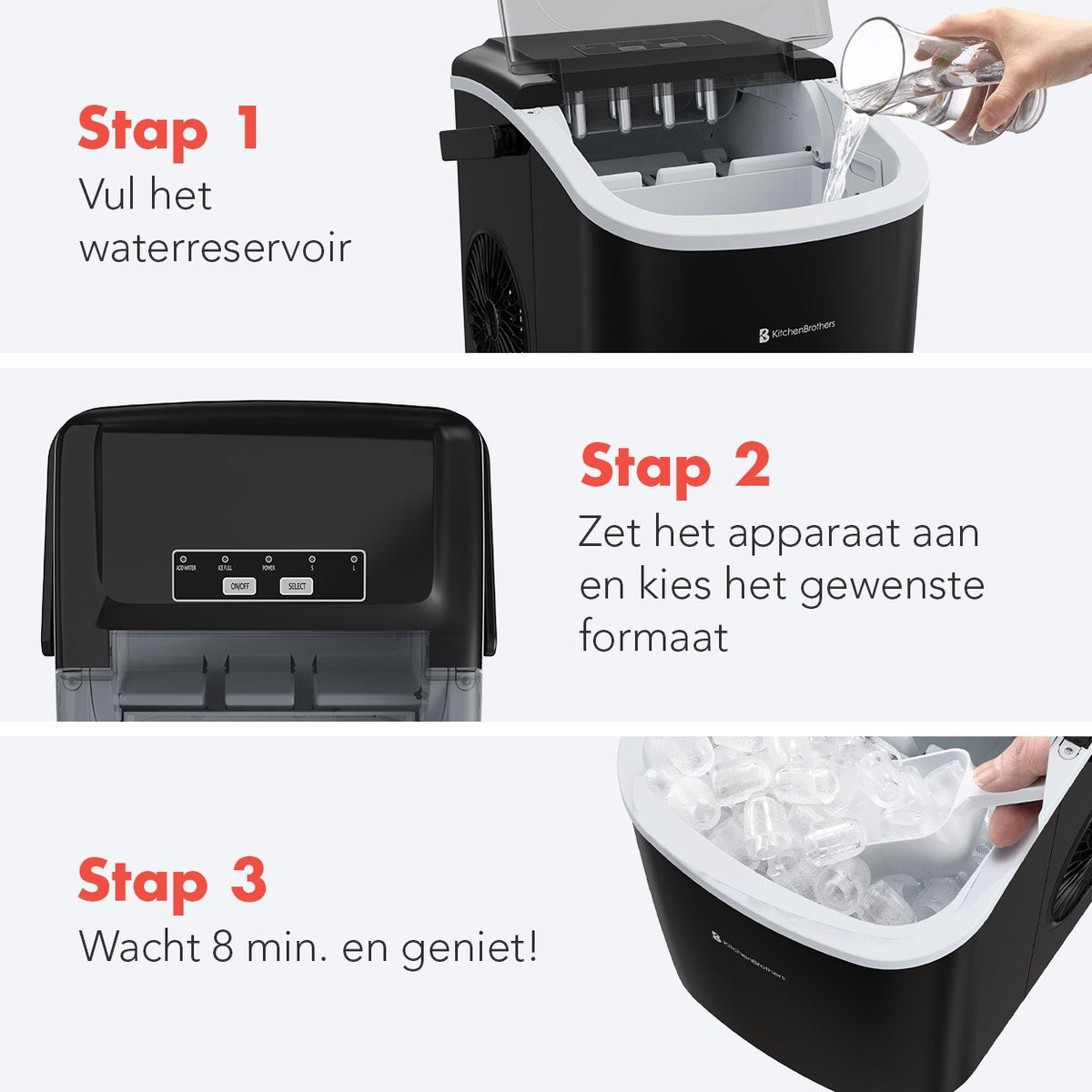 KitchenBrothers IJsblokjesmachine –  Zelfreinigingsfunctie - 1,2 L – 100 W – 22,2 x 29,4 x 29 cm – Zwart