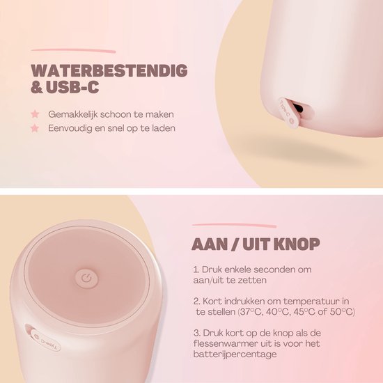 Vulpes Goods® Flessenwarmer – Draadloos  – 8800 mAh – 8 x 8 x 10 cm – Roze