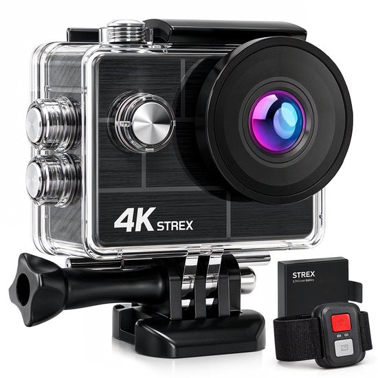 Strex Action Camera 4K 30MP - Tot 30 meter Waterdicht, EIS Stabilisatie & WiFi App - Waterdichte 60FPS Onderwatercamera - Bodycam - Actie camera