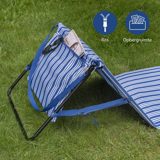Campart Strandstoel en Strandligbed BE-0421 - Stretcher en Stoel Inklapbaar - Strandmat met verstelbare rugleuning - Met afneembaar hoofdkussen - Blauw Wit